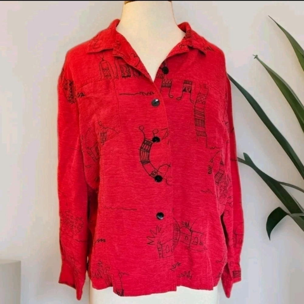 Chico's Red Silk Linen Western Print Blouse Size 3 / Medium Button Down - Picture 3 of 9